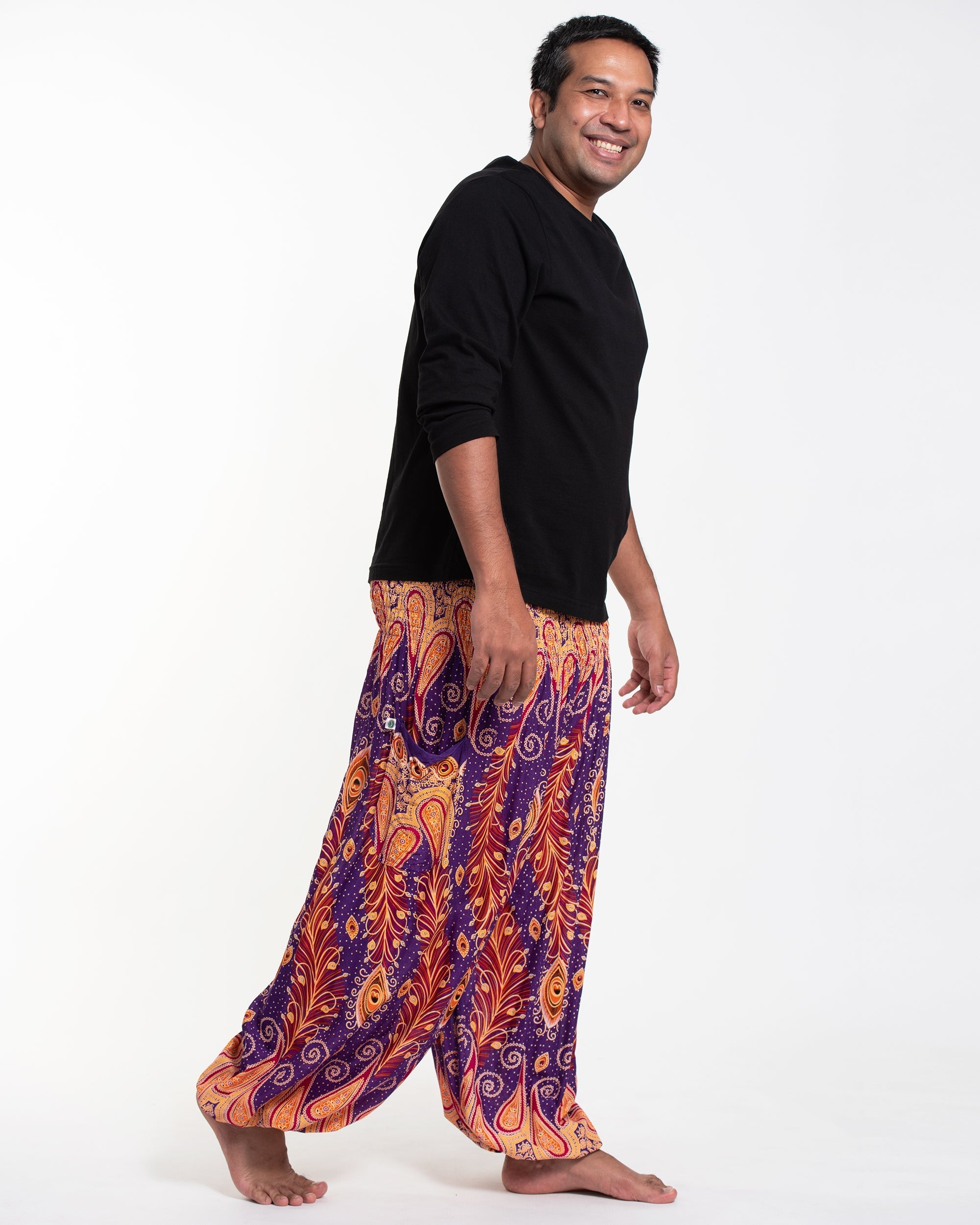 Plus Size Peacock Paisley Men's Harem Pants in Purple