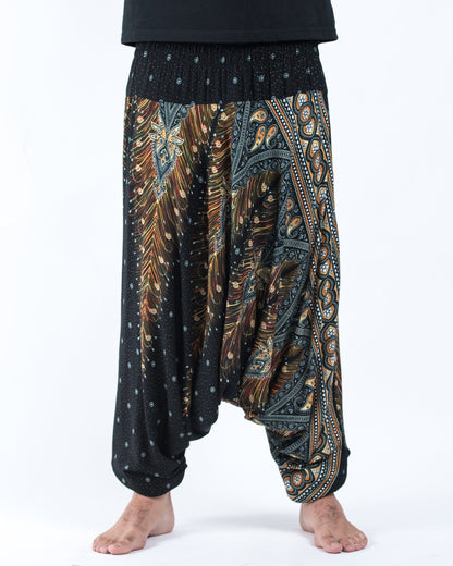 Peacock Feathers Drop Crotch Men's Harem Pants in Black
