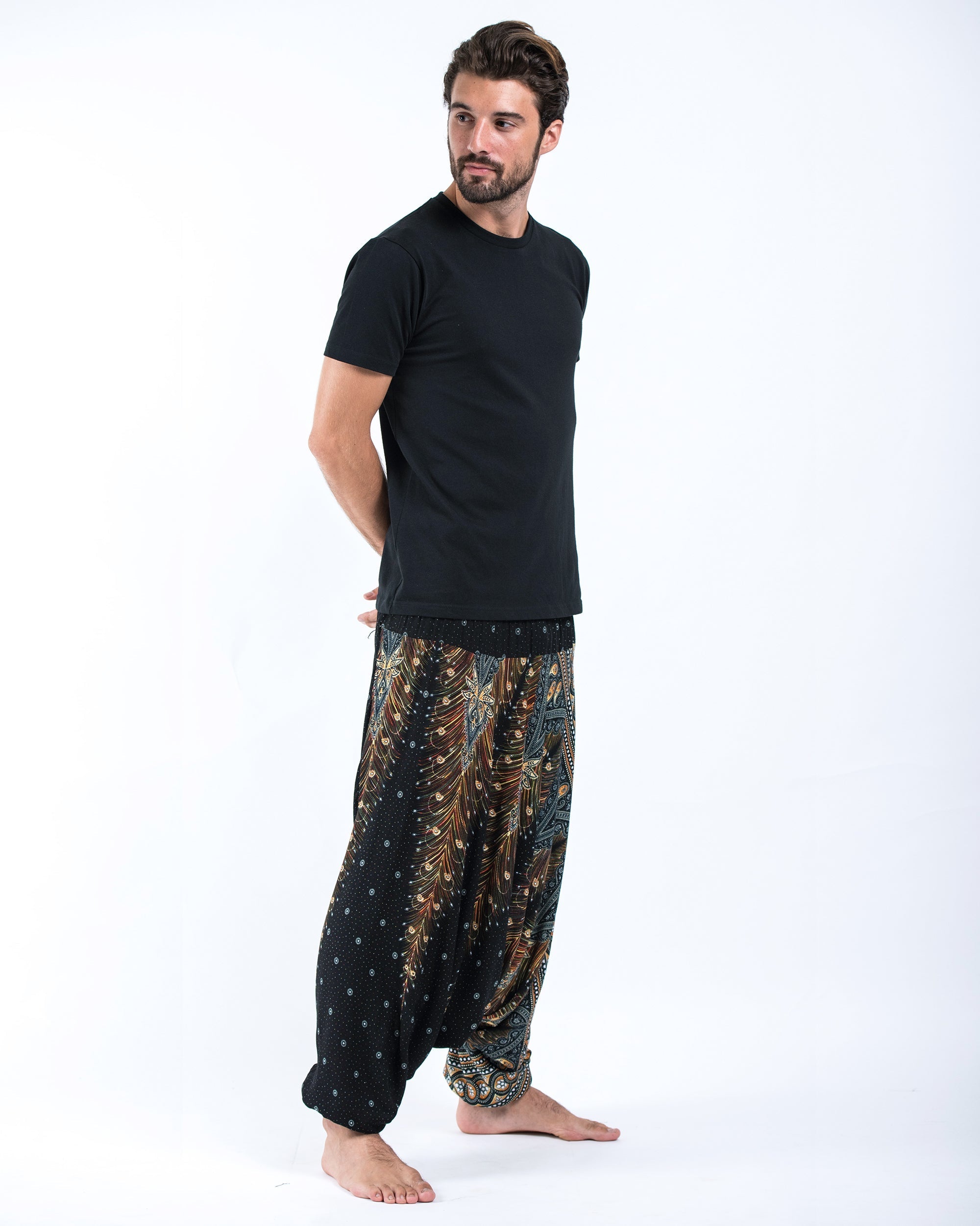 Peacock Feathers Drop Crotch Men's Harem Pants in Black