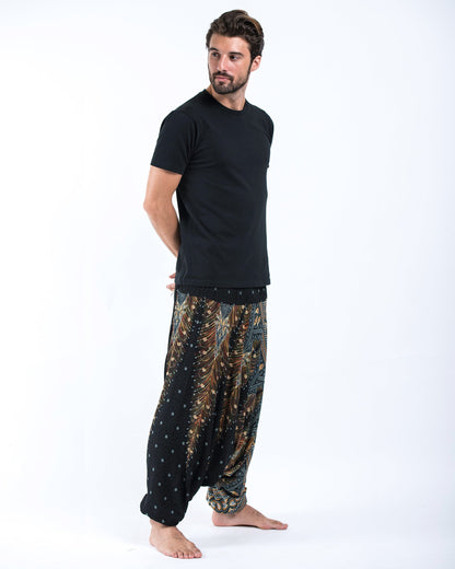 Peacock Feathers Drop Crotch Men's Harem Pants in Black