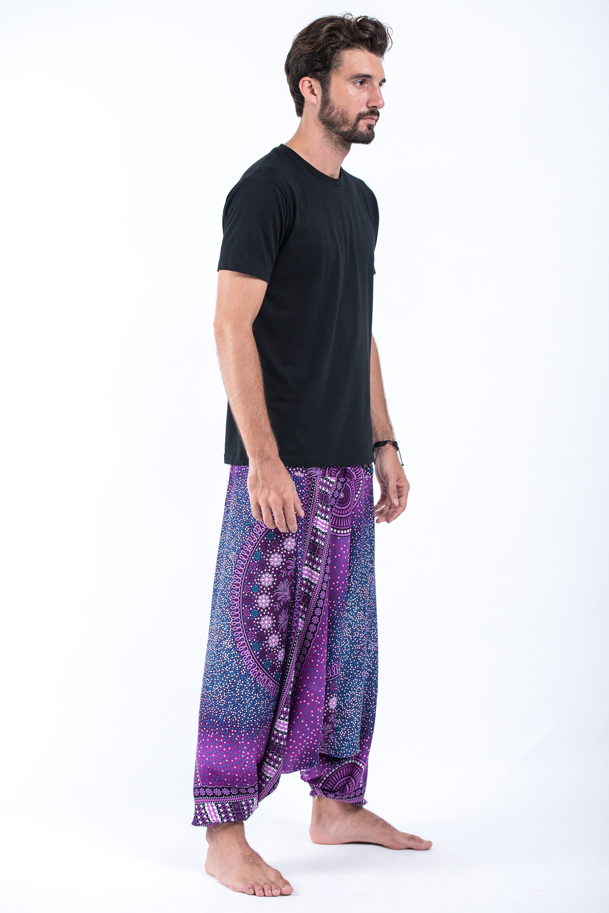 Tribal Chakras Drop Crotch Men's Harem Pants in Purple