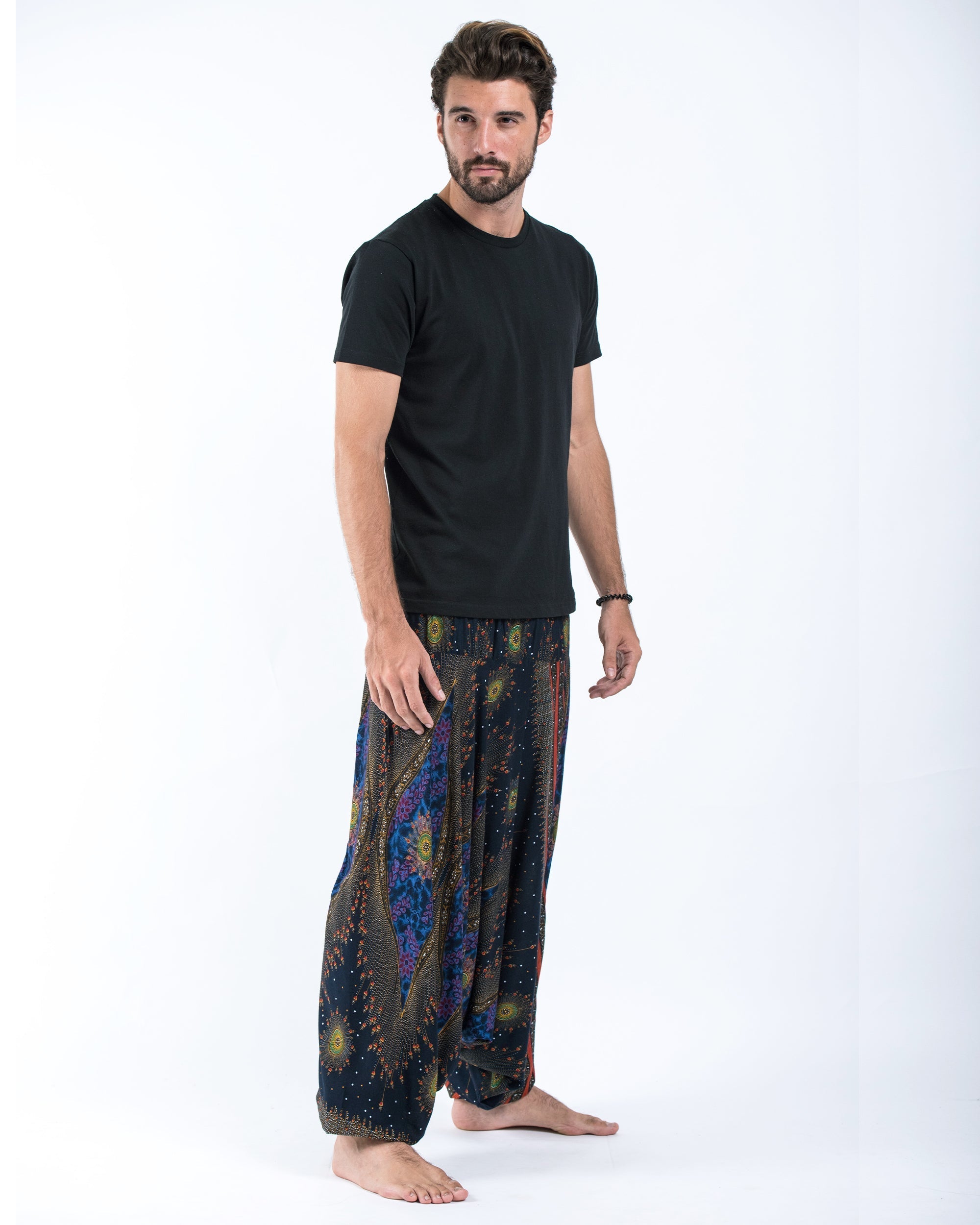 Peacock Eye Drop Crotch Men's Harem Pants in Navy