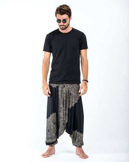 Floral Mandalas Drop Crotch Men's Harem Pants in Black