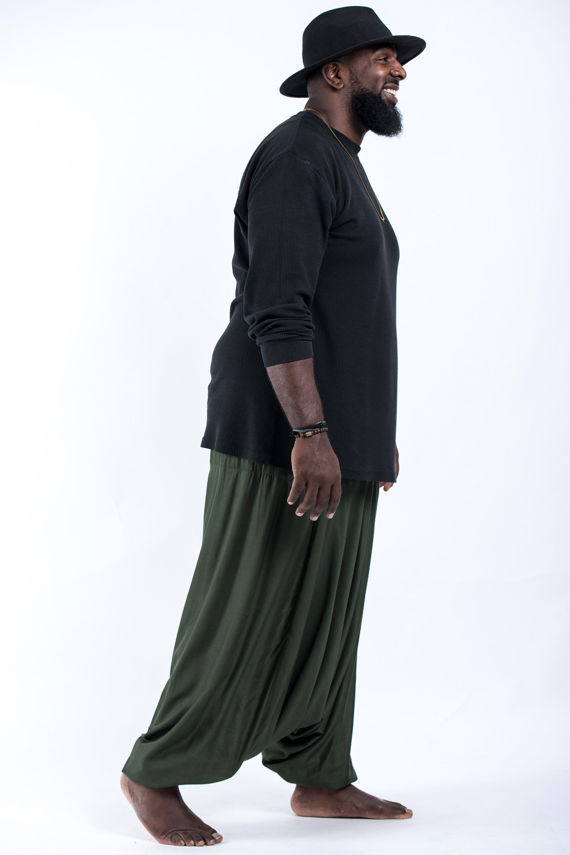 Plus Size Solid Color Drop Crotch Men's Harem Pants in Dark green