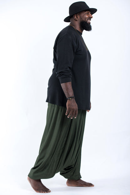 Plus Size Solid Color Drop Crotch Men's Harem Pants in Dark green