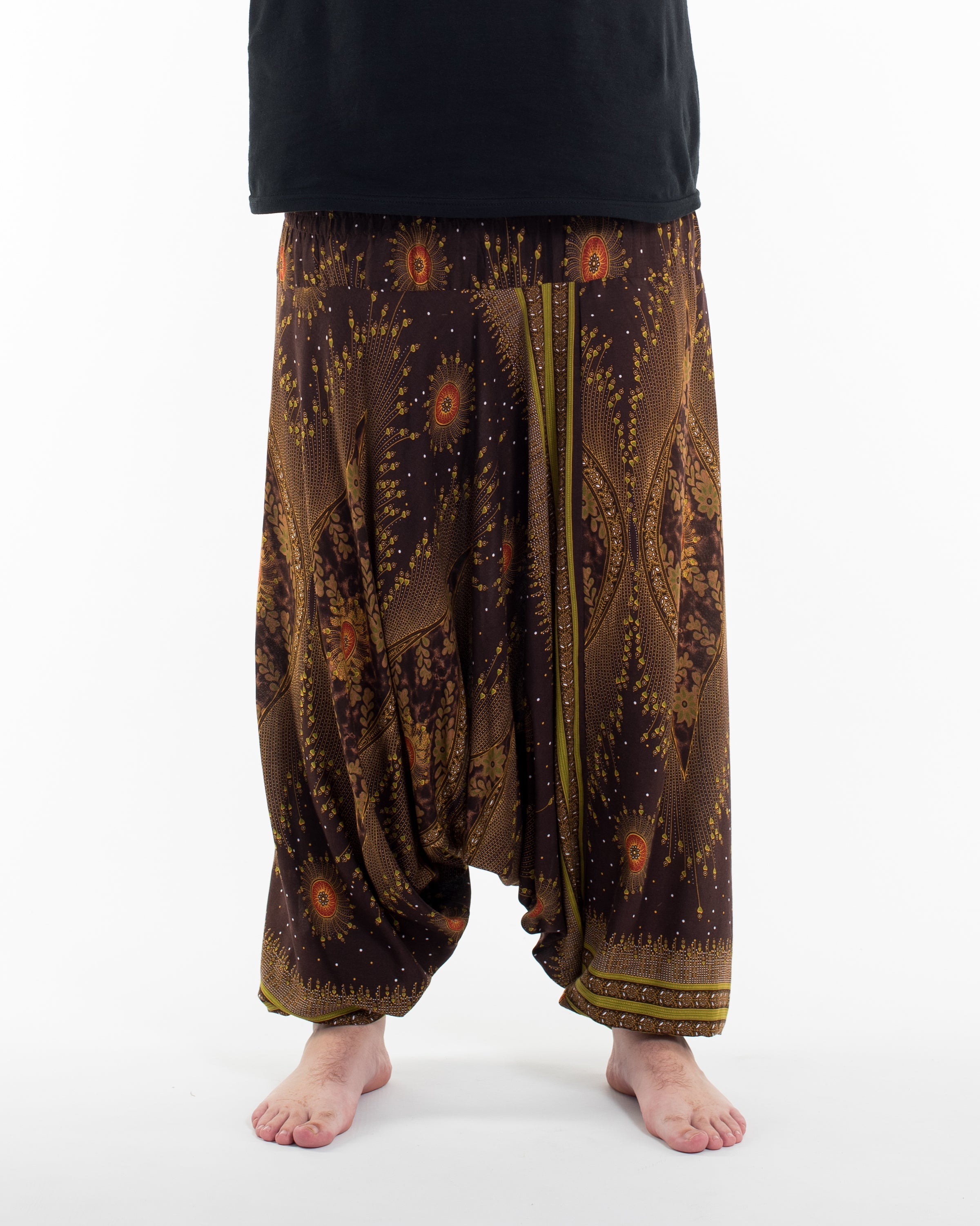 Plus Size Peacock Eyes Drop Crotch Men's Harem Pants in Brown