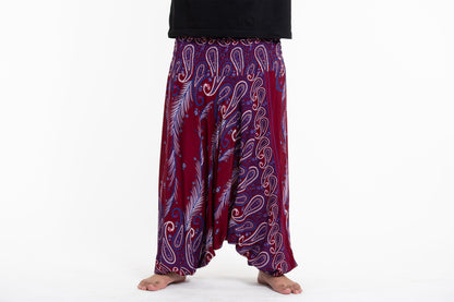 Plus Size Paisley Feathers Drop Crotch Men's Harem Pants in Red