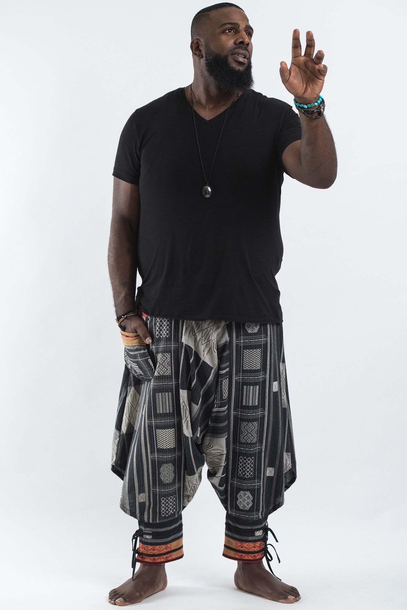 Plus Size Thai Hill Tribe Fabric Men Harem Pants with Ankle Straps in Black