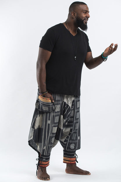 Plus Size Thai Hill Tribe Fabric Men Harem Pants with Ankle Straps in Black
