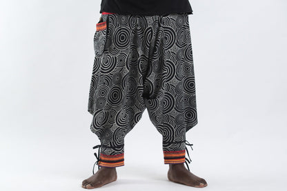 Plus Size Swirls Prints Thai Hill Tribe Fabric Men Harem Pants with Ankle Straps in Black