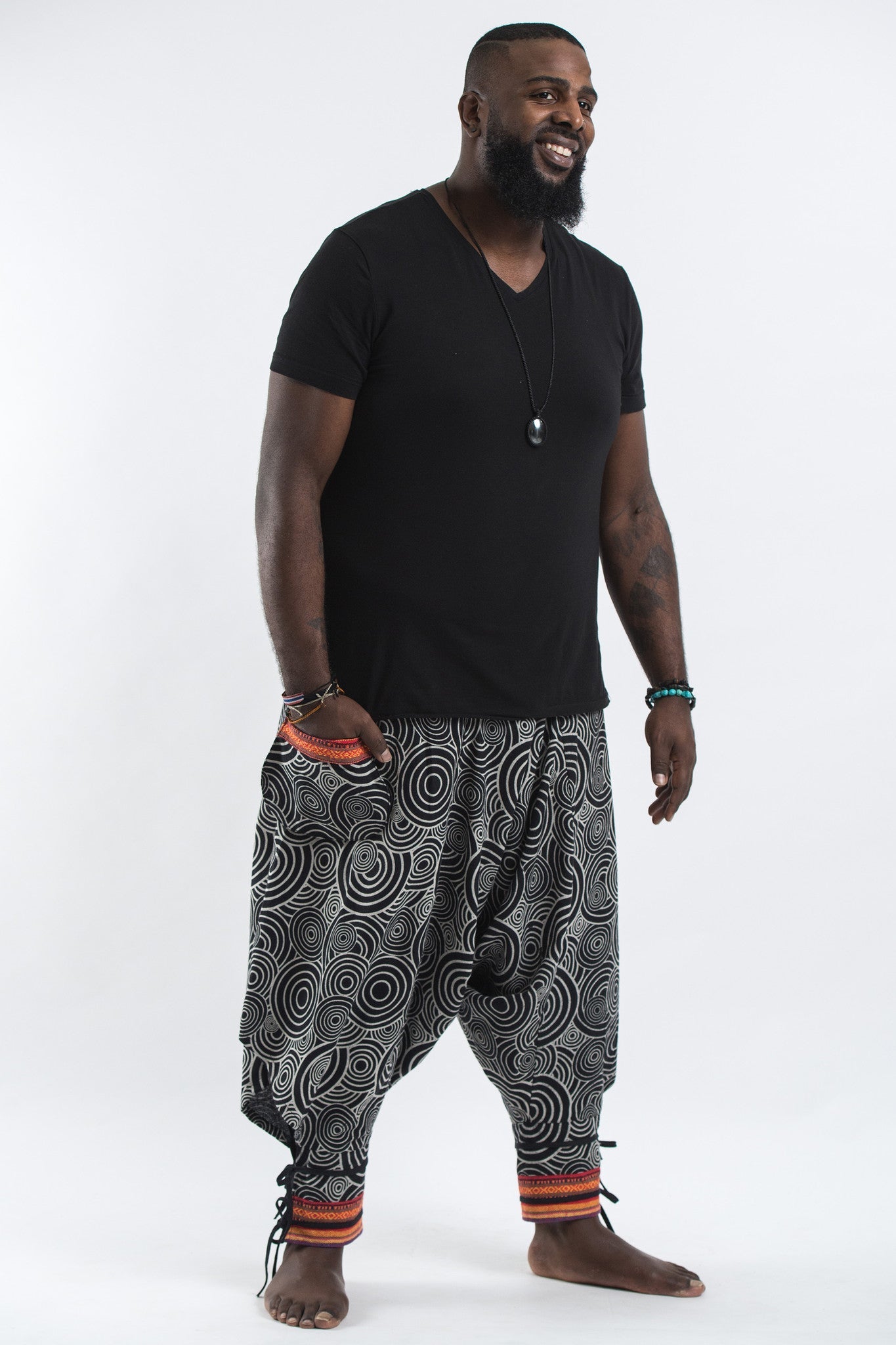 Plus Size Swirls Prints Thai Hill Tribe Fabric Men Harem Pants with Ankle Straps in Black