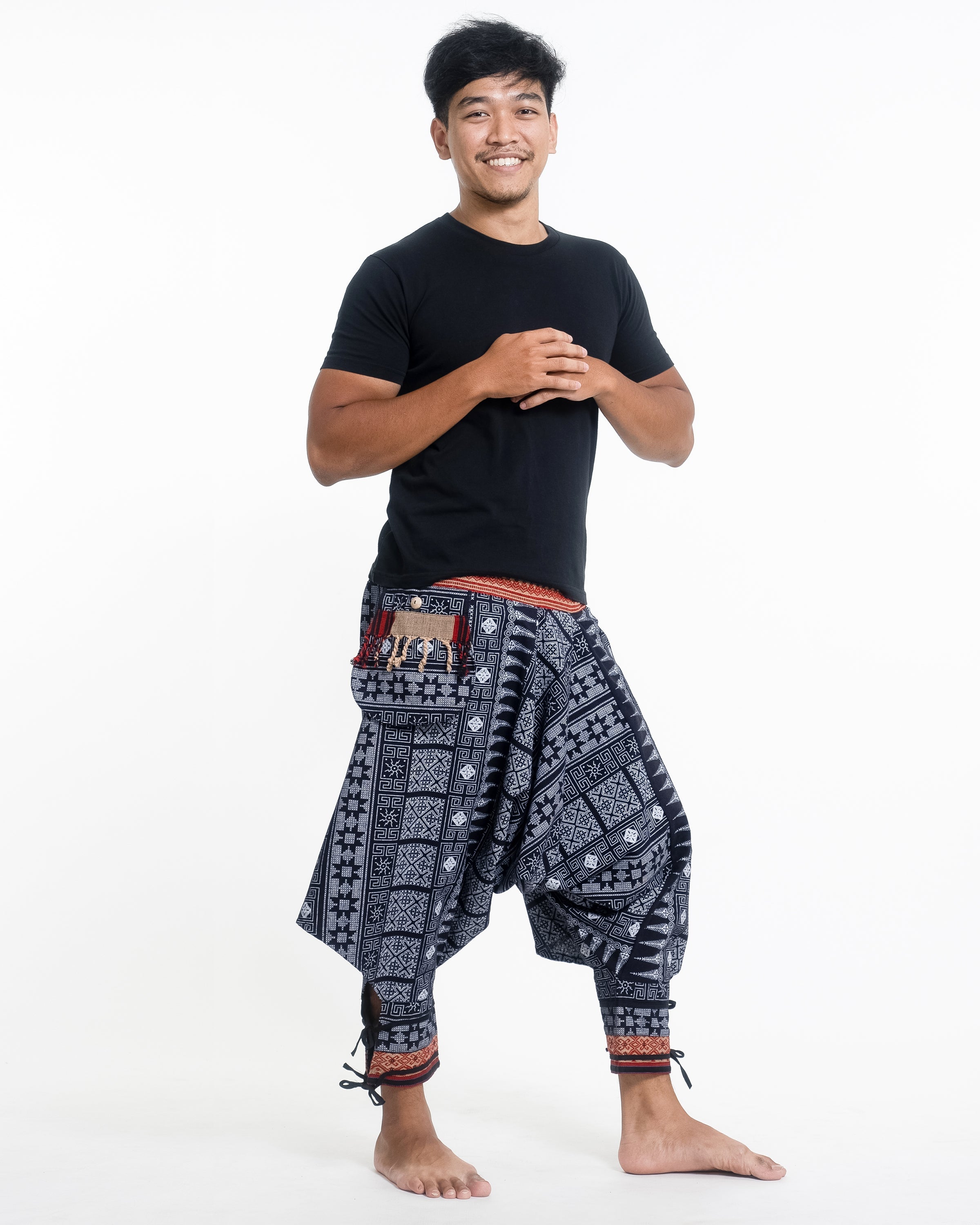Traditional Prints Thai Hill Tribe Fabric Men's Harem Pants with Ankle Straps in Navy