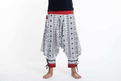 Traditional Prints Thai Hill Tribe Fabric Men's Harem Pants with Ankle Straps in White