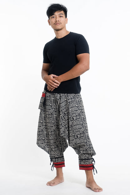 Woven Prints Thai Hill Tribe Fabric Men's Harem Pants with Ankle Straps in Black