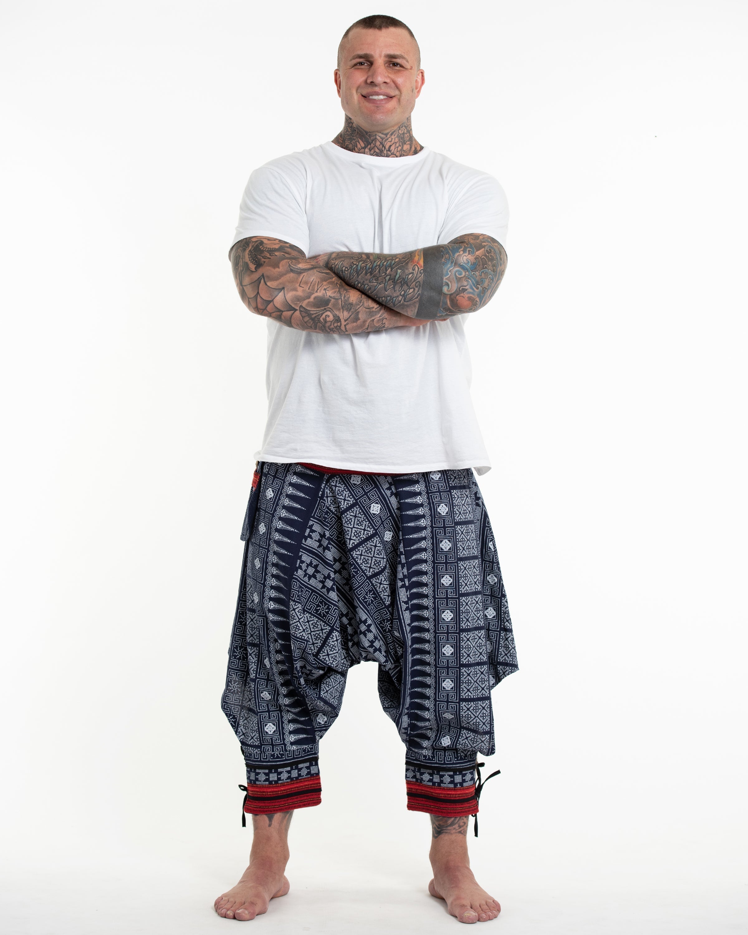Plus Size Traditional Prints Thai Hill Tribe Fabric Men's Harem Pants with Ankle Straps in Navy