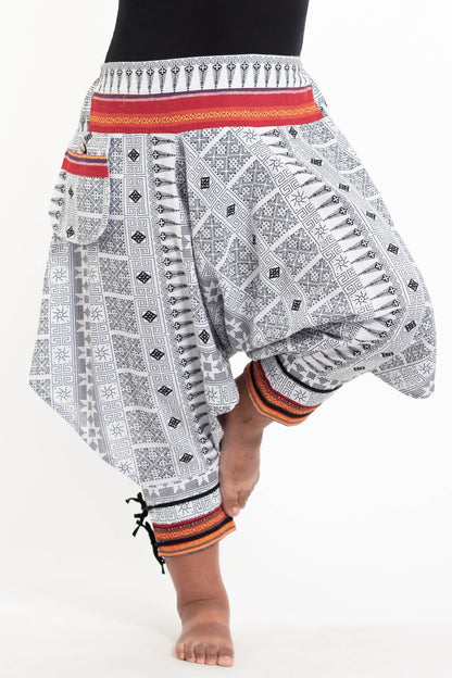 Plus Size Traditional Prints Thai Hill Tribe Fabric Men's Harem Pants with Ankle Straps in White