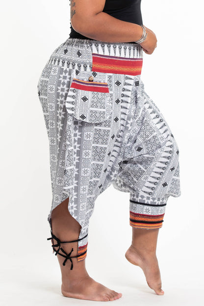 Plus Size Traditional Prints Thai Hill Tribe Fabric Men's Harem Pants with Ankle Straps in White
