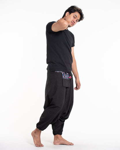 Pinstripe Cotton Low Cut Men's Harem Pants with Elephant Trim in Black