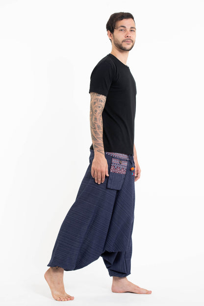 Pinstripe Cotton Low Cut Men's Harem Pants With Hill Tribe Trim Navy
