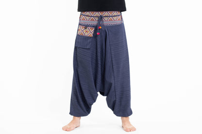 Pinstripe Cotton Low Cut Men's Harem Pants With Hill Tribe Trim Navy