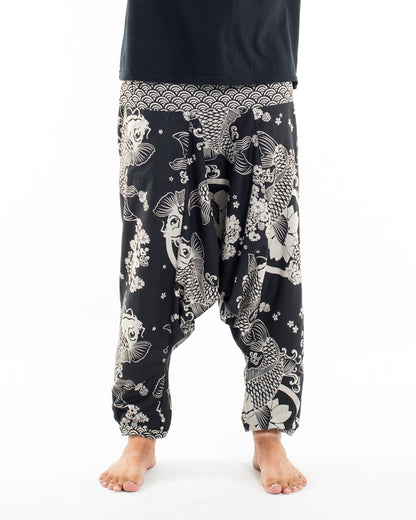Hill Tribe Koi Fish Print Men's Harem Pants in Black