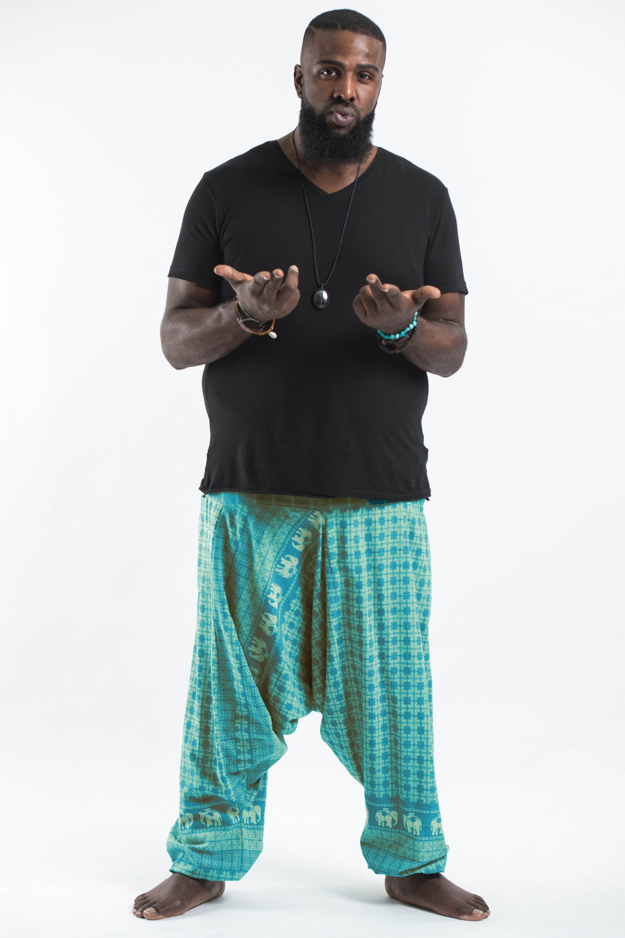 Plus Size Hill Tribe Elephant Men's Elephant Pants in Turquoise