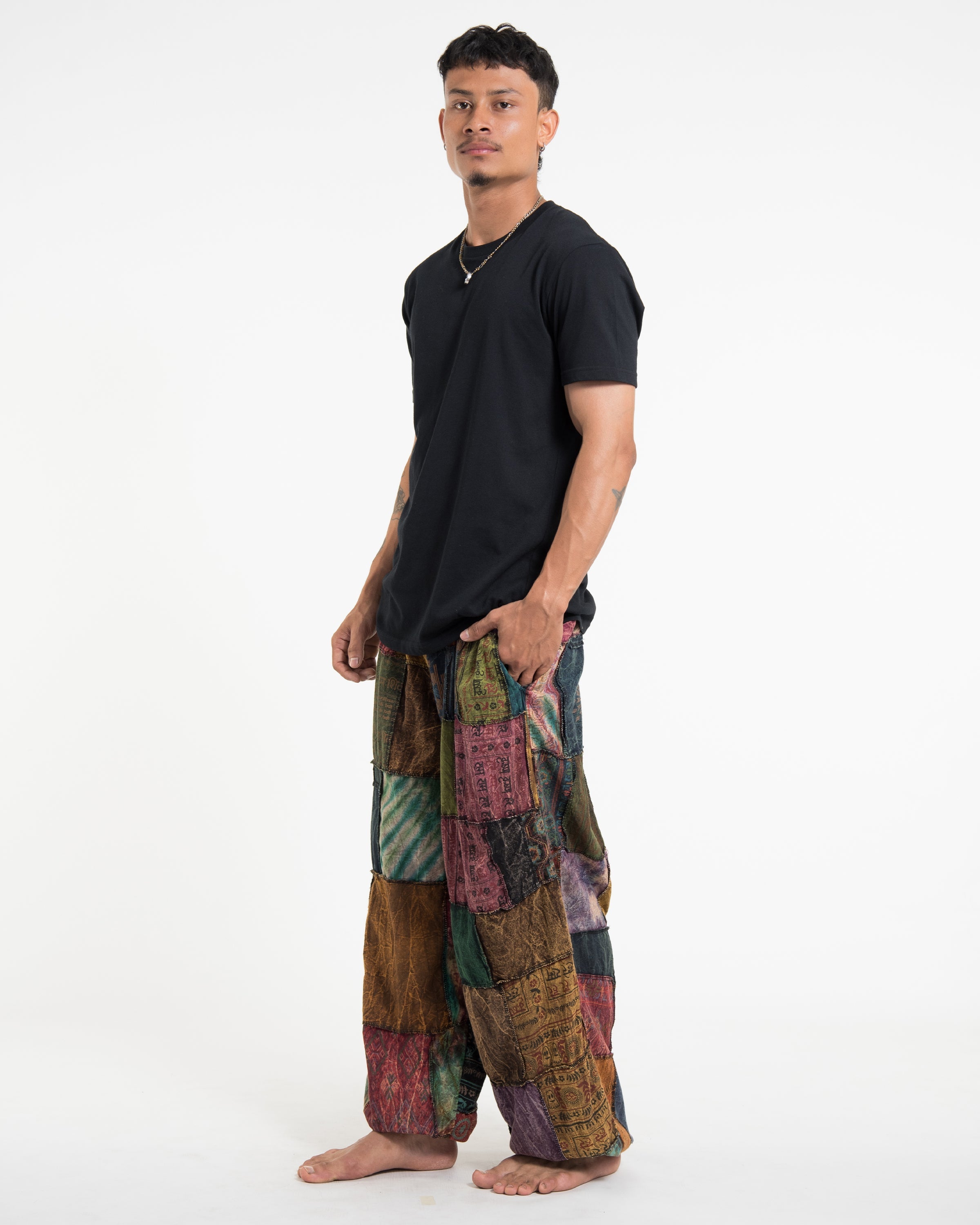 Men's Patchwork Stone Washed Balloon Cotton Pants in Black