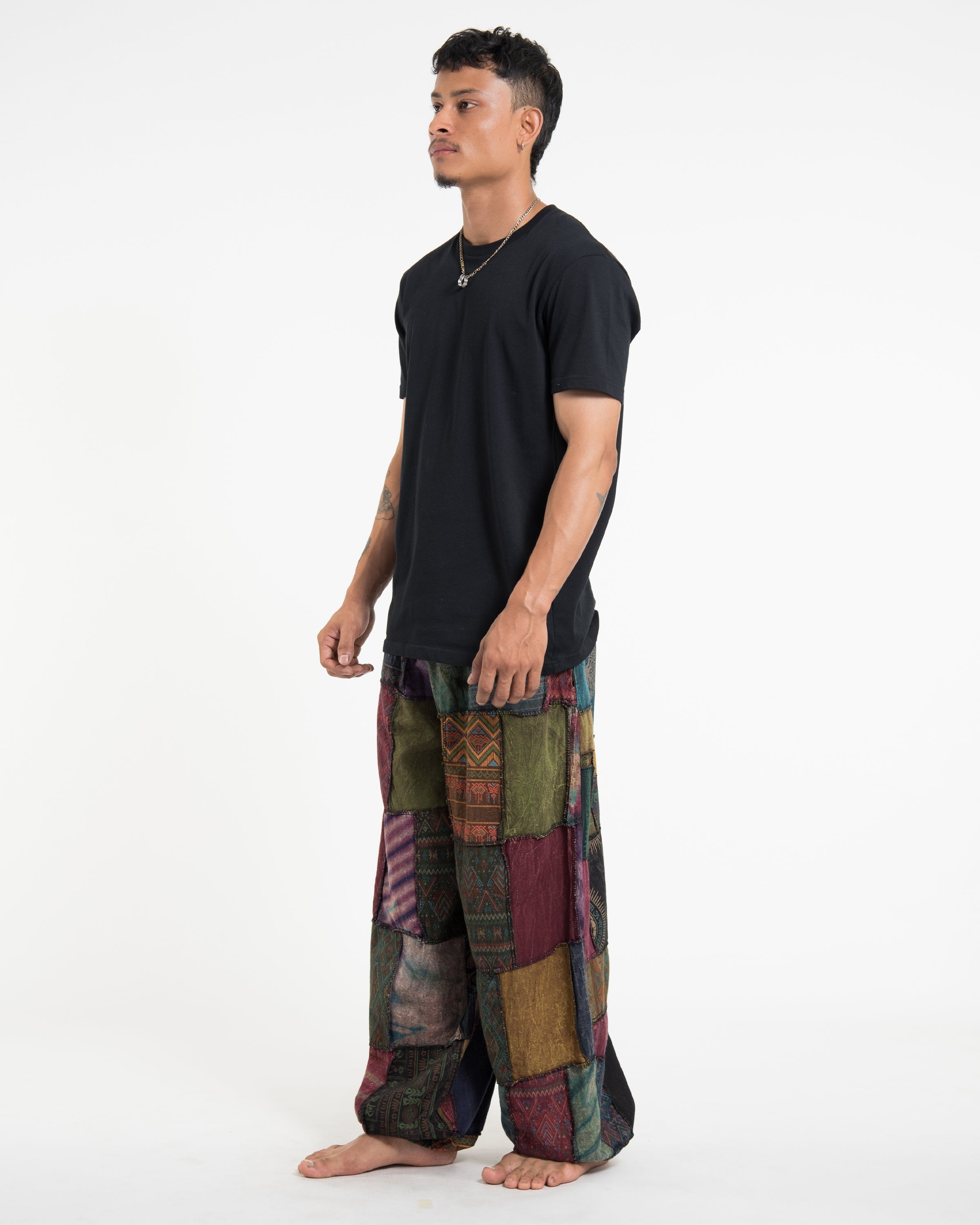Men's Patchwork Stone Washed Balloon Cotton Pants in Brown