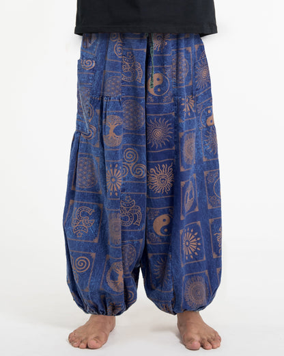 Men's Block Print Stone Washed Balloon Cotton Pants in Navy