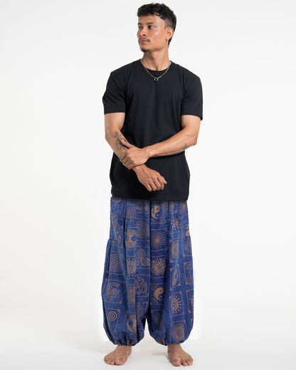 Men's Block Print Stone Washed Balloon Cotton Pants in Navy