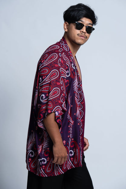 Paisley Feathers Kimono Cardigan in Purple