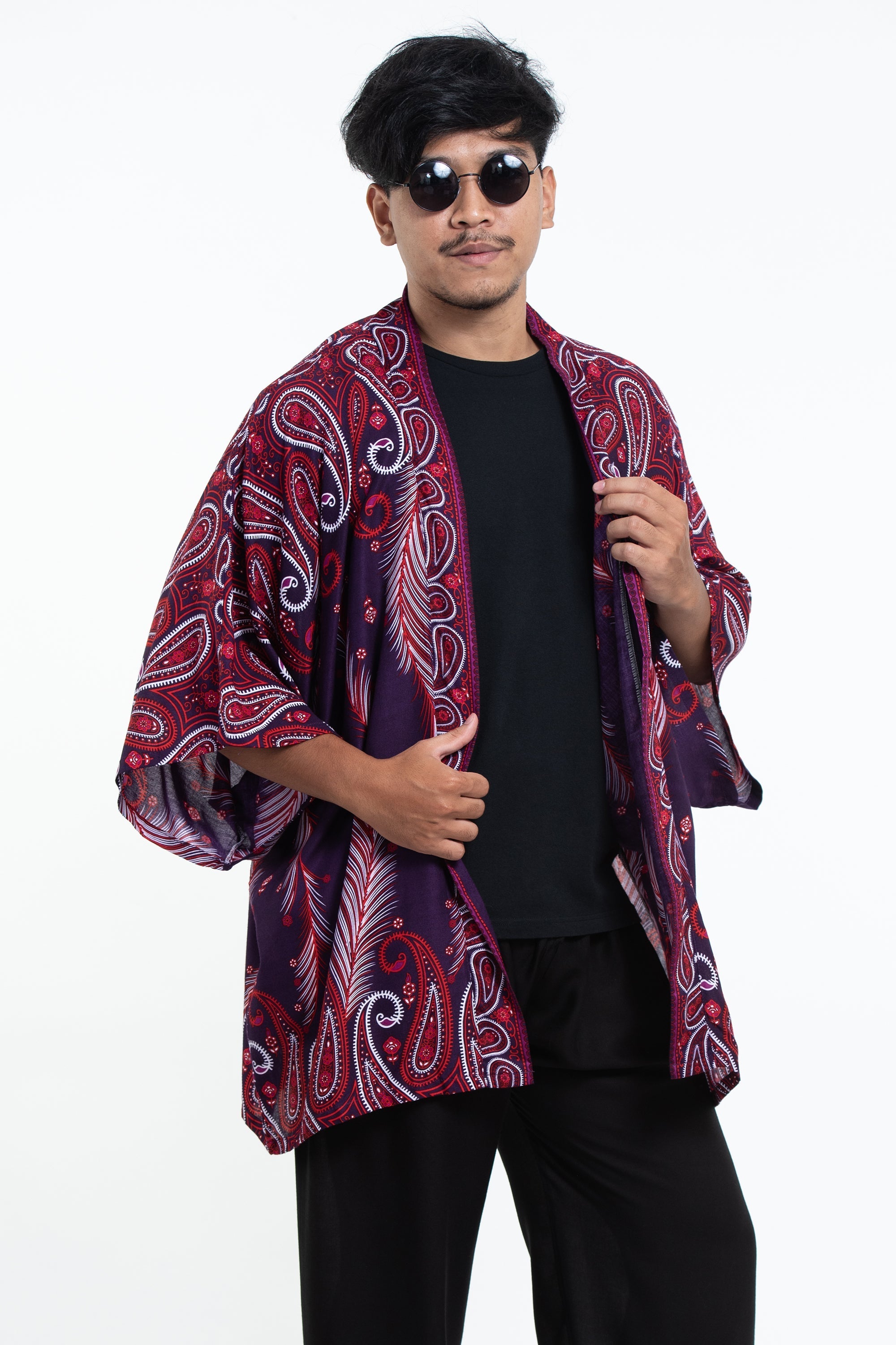 Paisley Feathers Kimono Cardigan in Purple