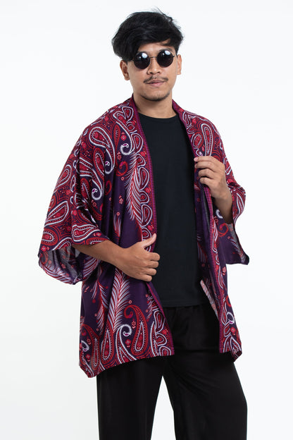 Paisley Feathers Kimono Cardigan in Purple