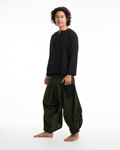 Men's Thai Button Up Cotton Pants with Hill Tribe Trim Dark Green