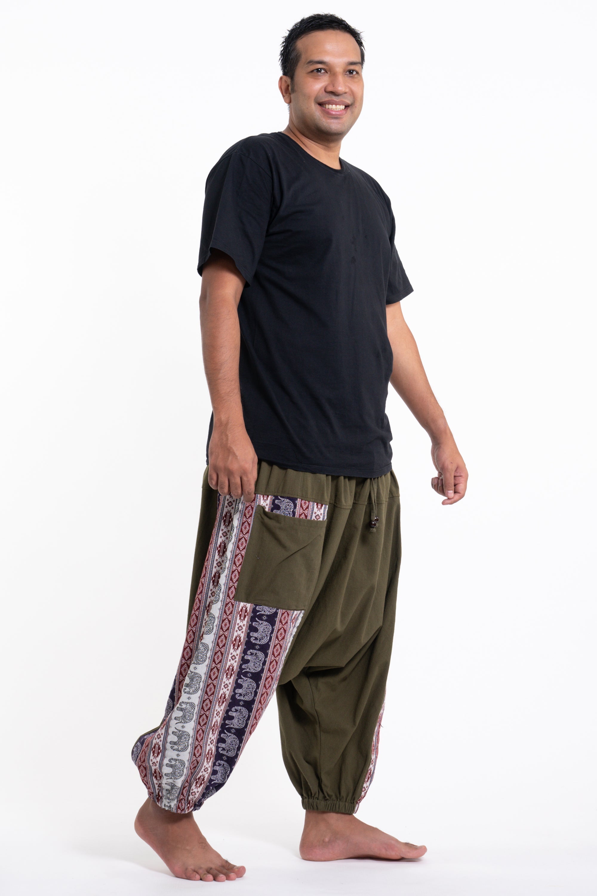 Plus Size Elephant Aztec Cotton Men's Harem Pants in Green