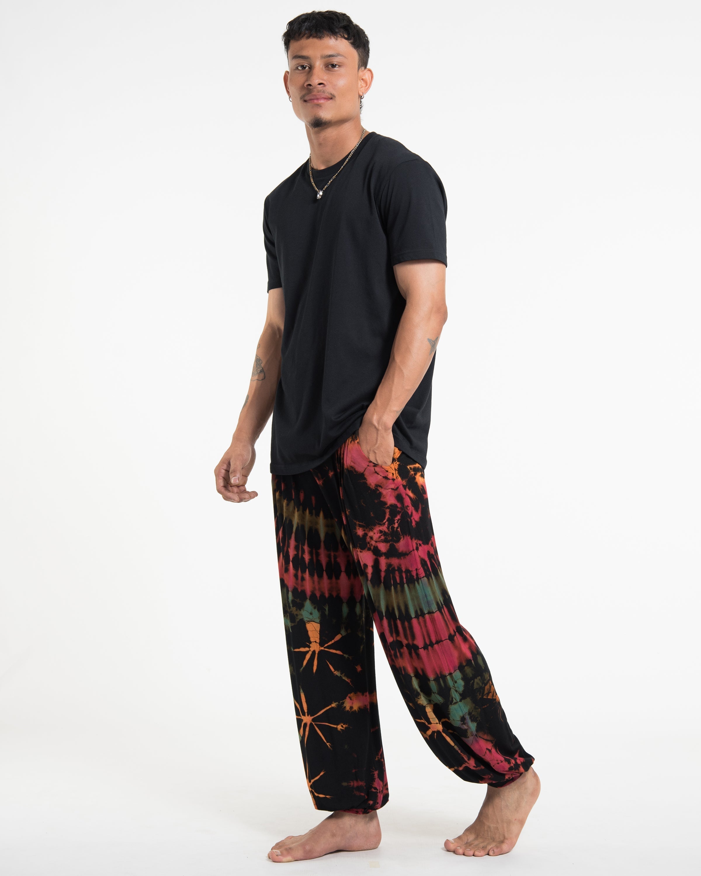 Tie Dye Cotton Men Harem Pants in Black Pink
