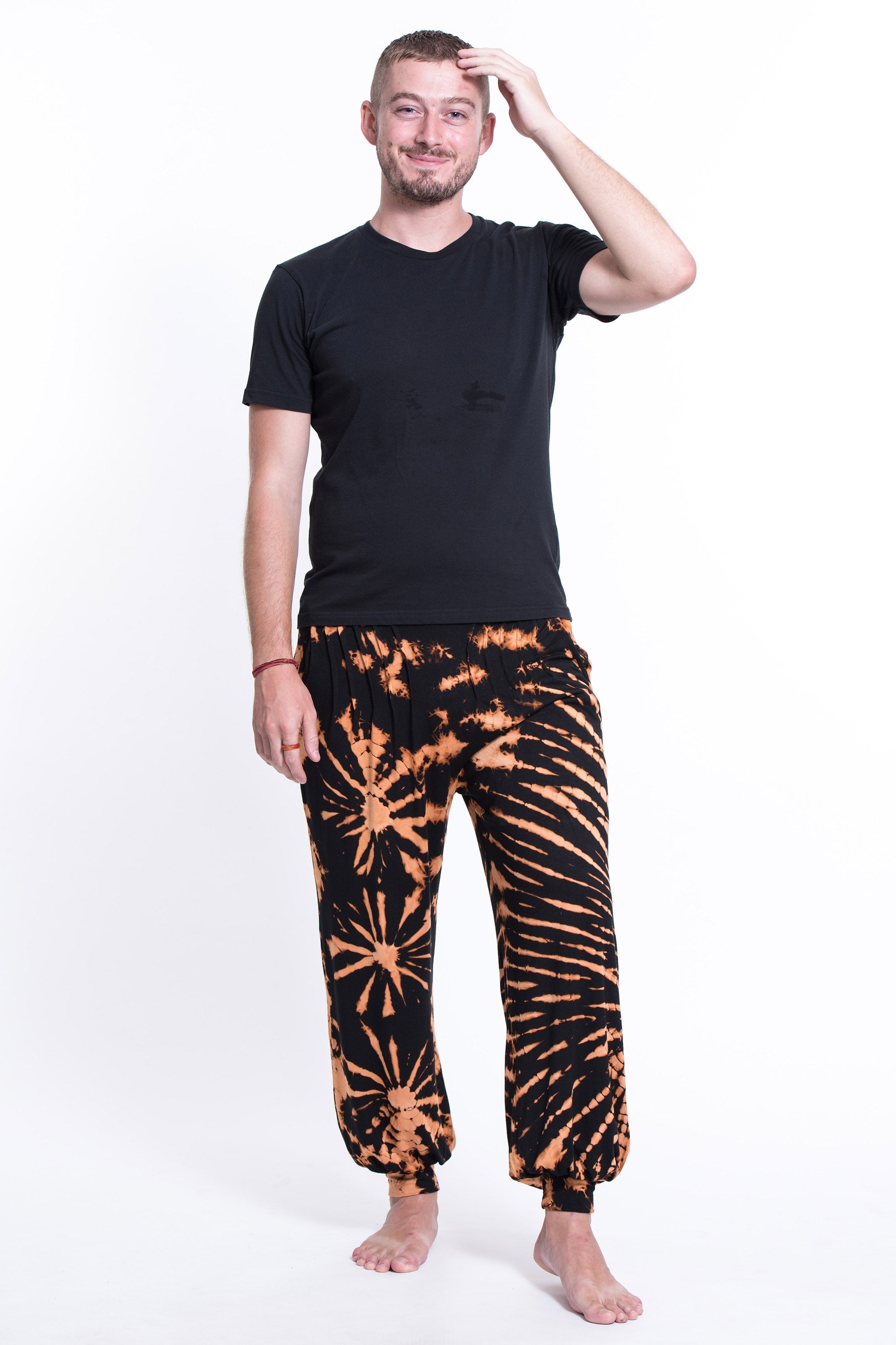 Tie Dye Cotton Men Harem Pants in Black Orange