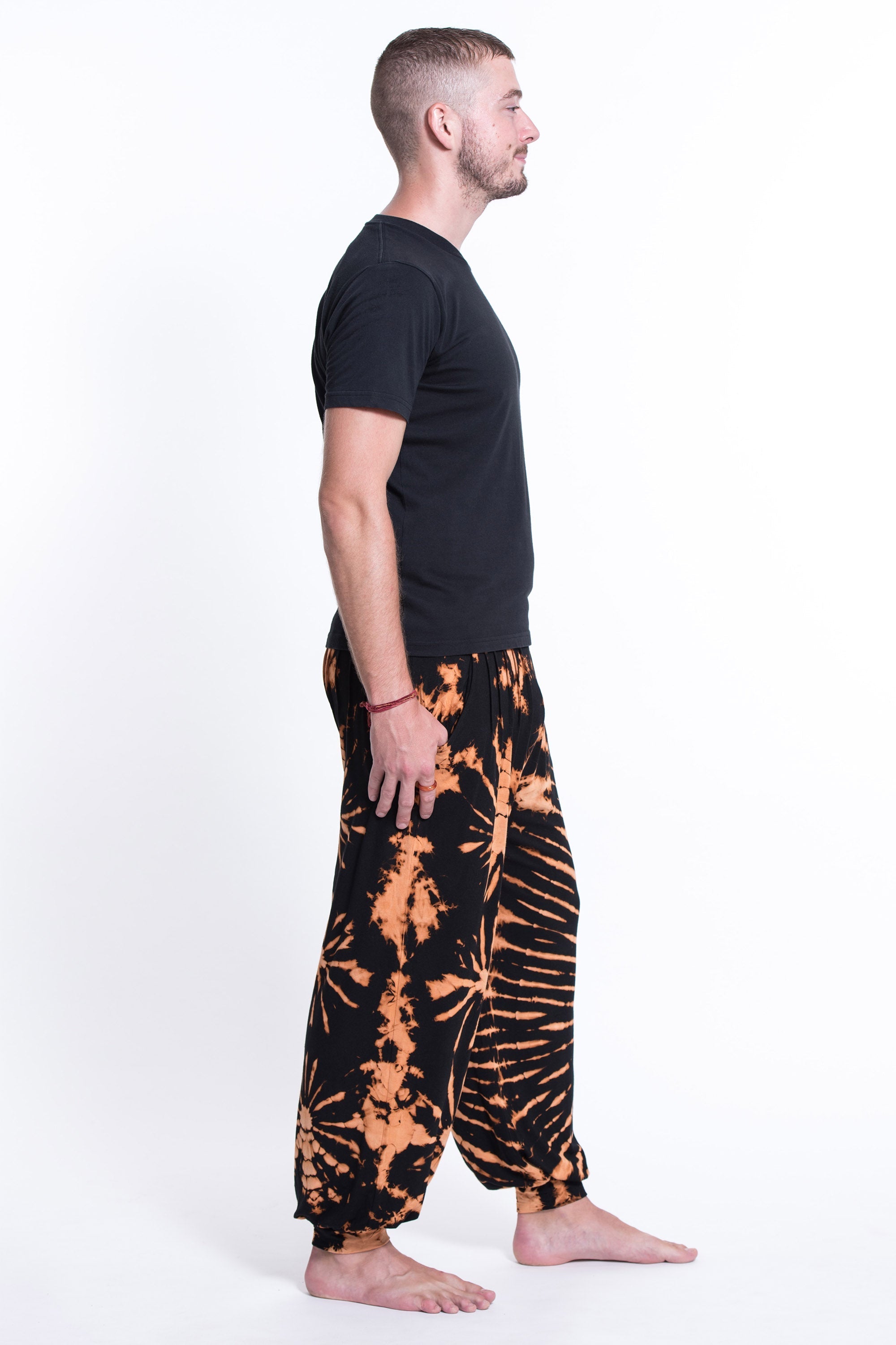 Tie Dye Cotton Men Harem Pants in Black Orange