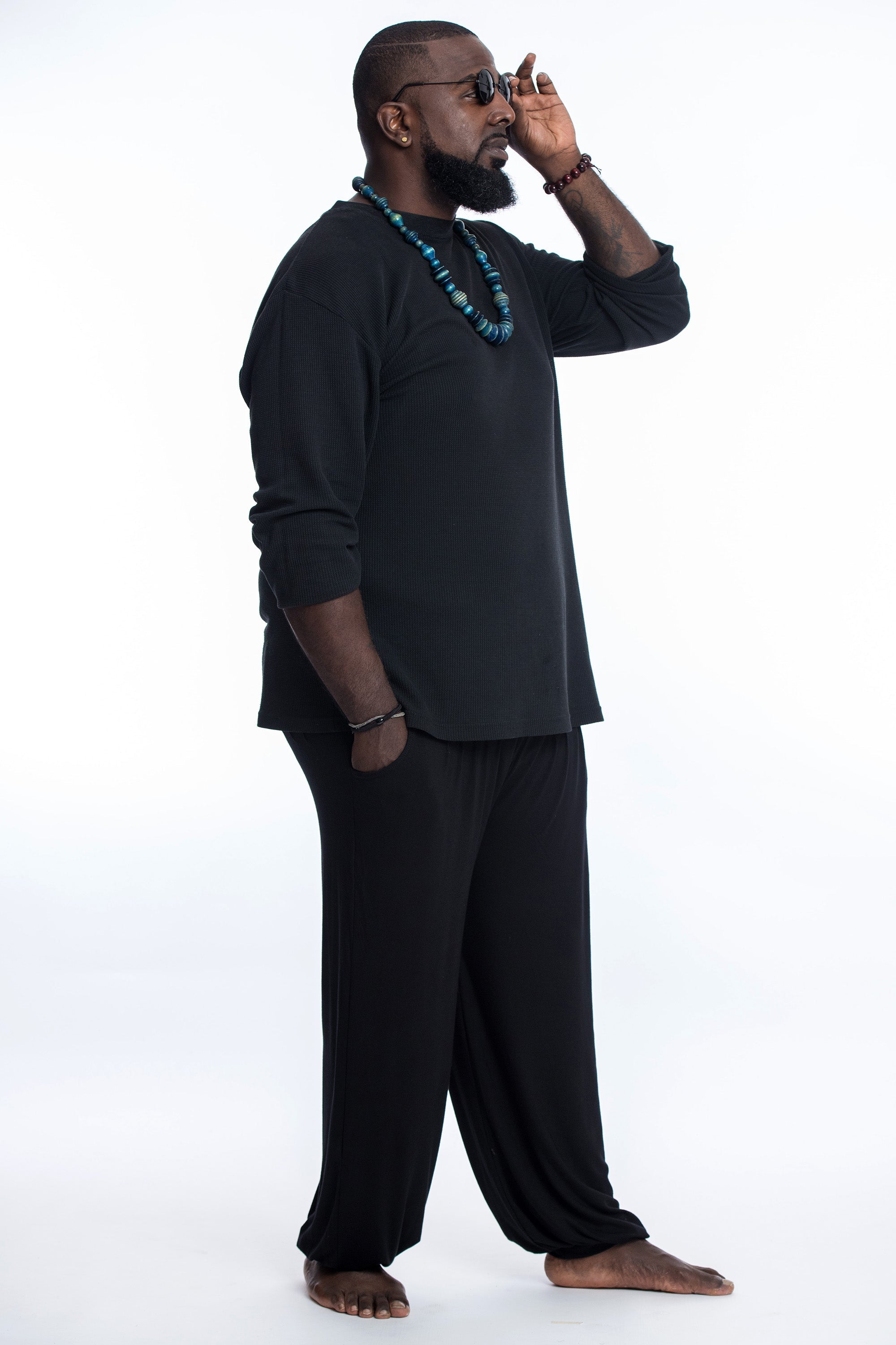 Plus Size Cotton Men Harem Pants in Solid Black