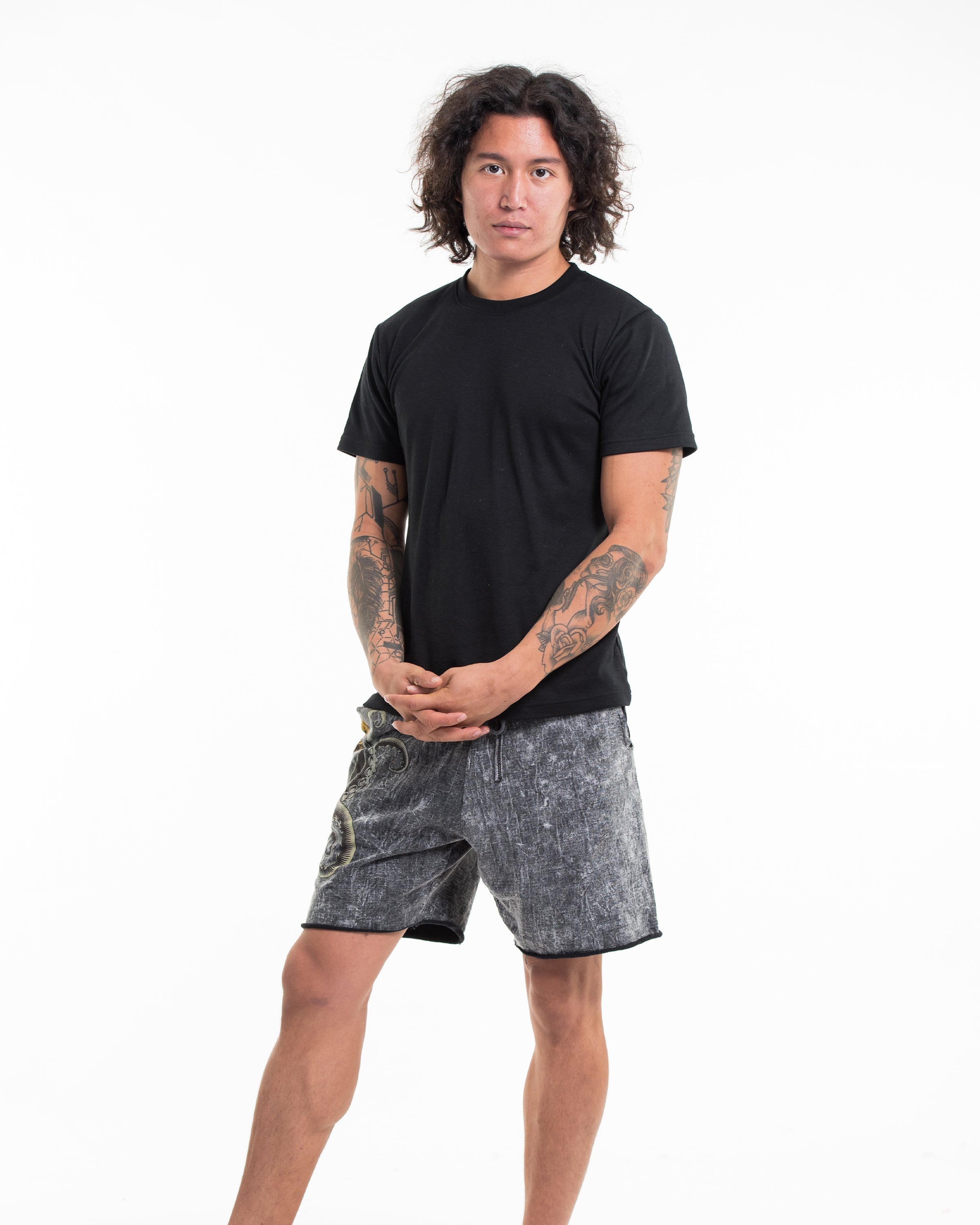 Unisex Octopus Stone Washed Shorts in Black