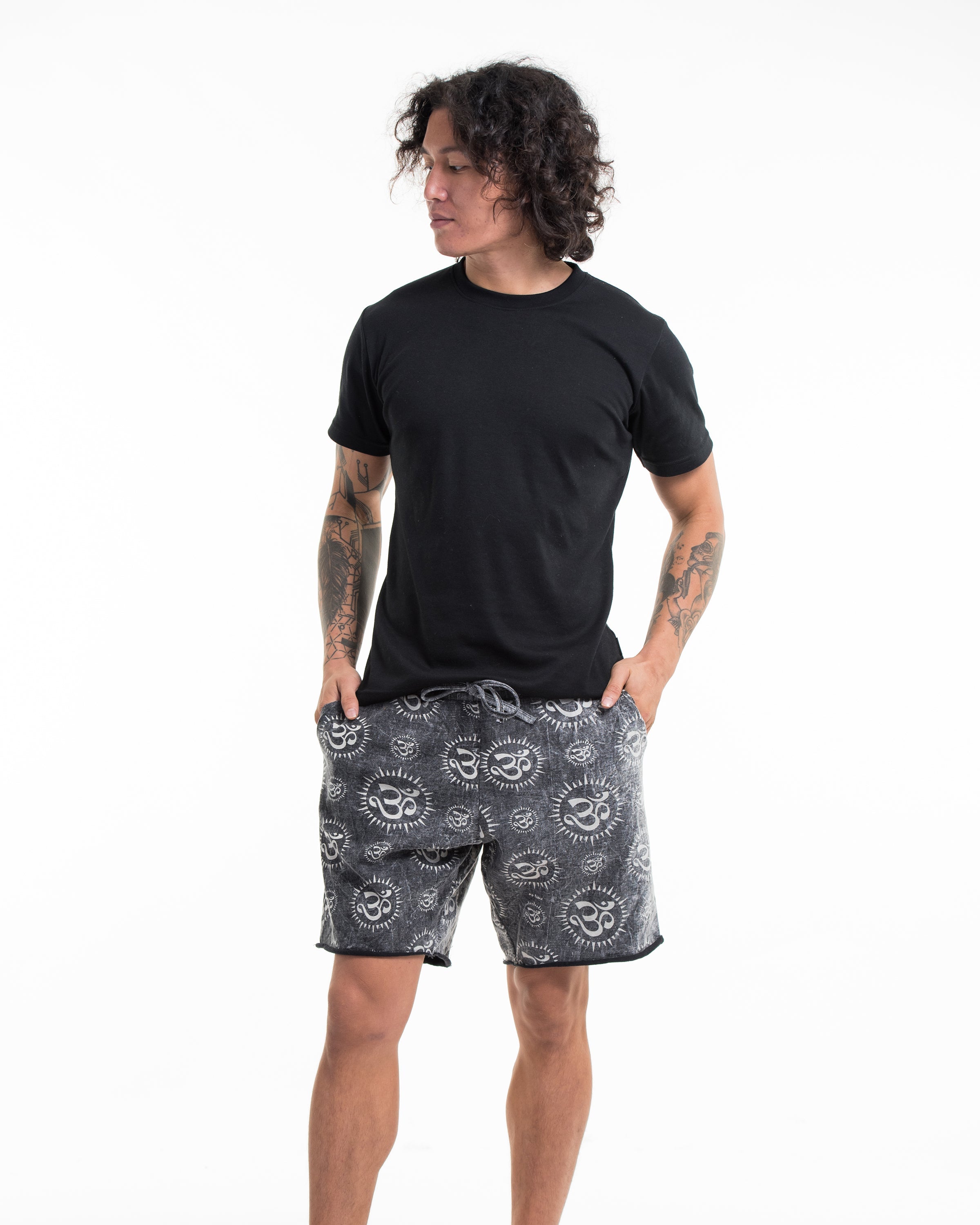Unisex Om Stone Washed Shorts in Black