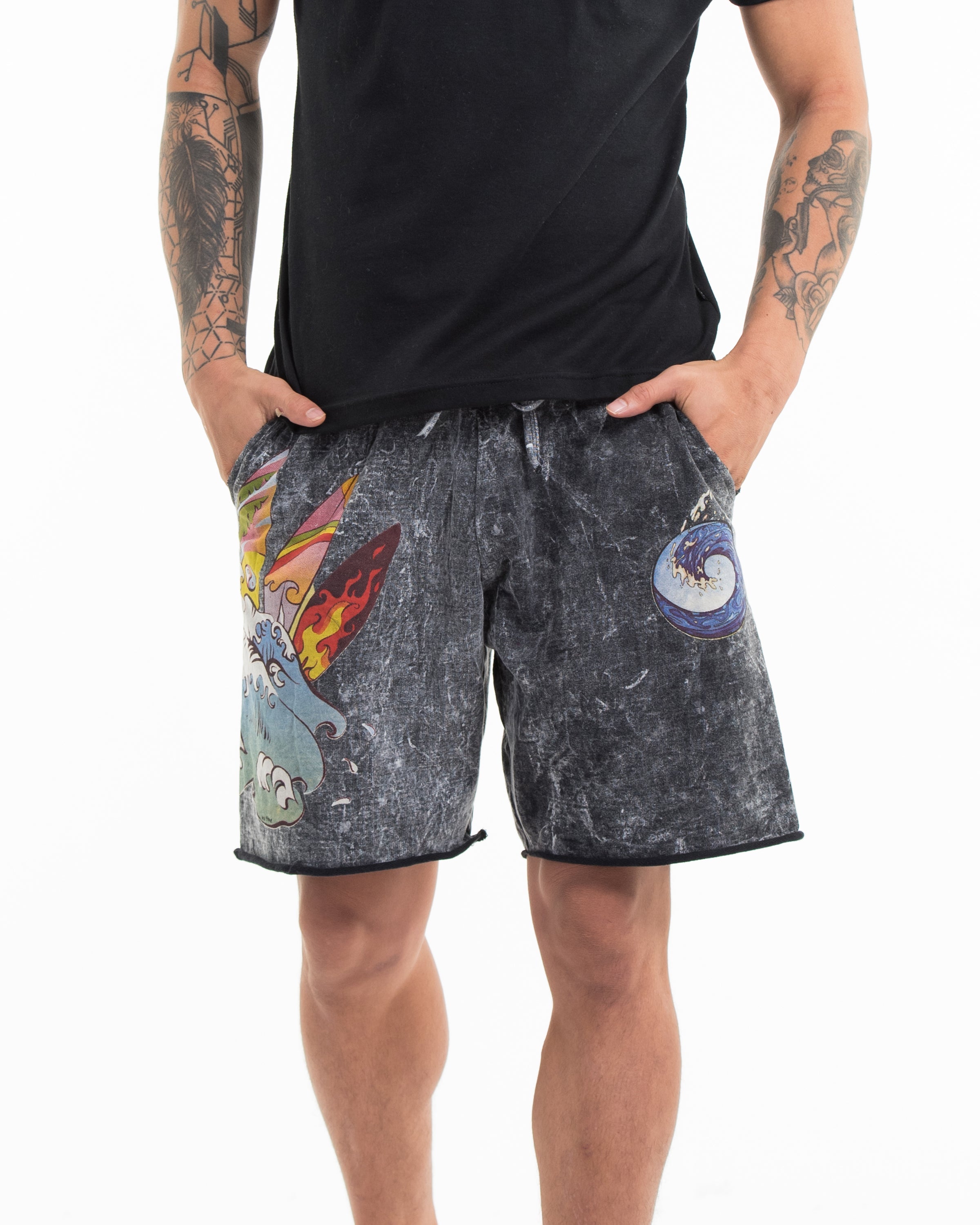 Unisex Wave Stone Washed Shorts in Black