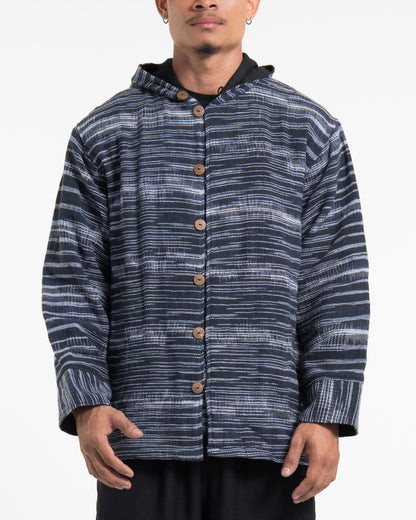 Light Hooded Button Hand-Woven Cotton Jacket in Navy