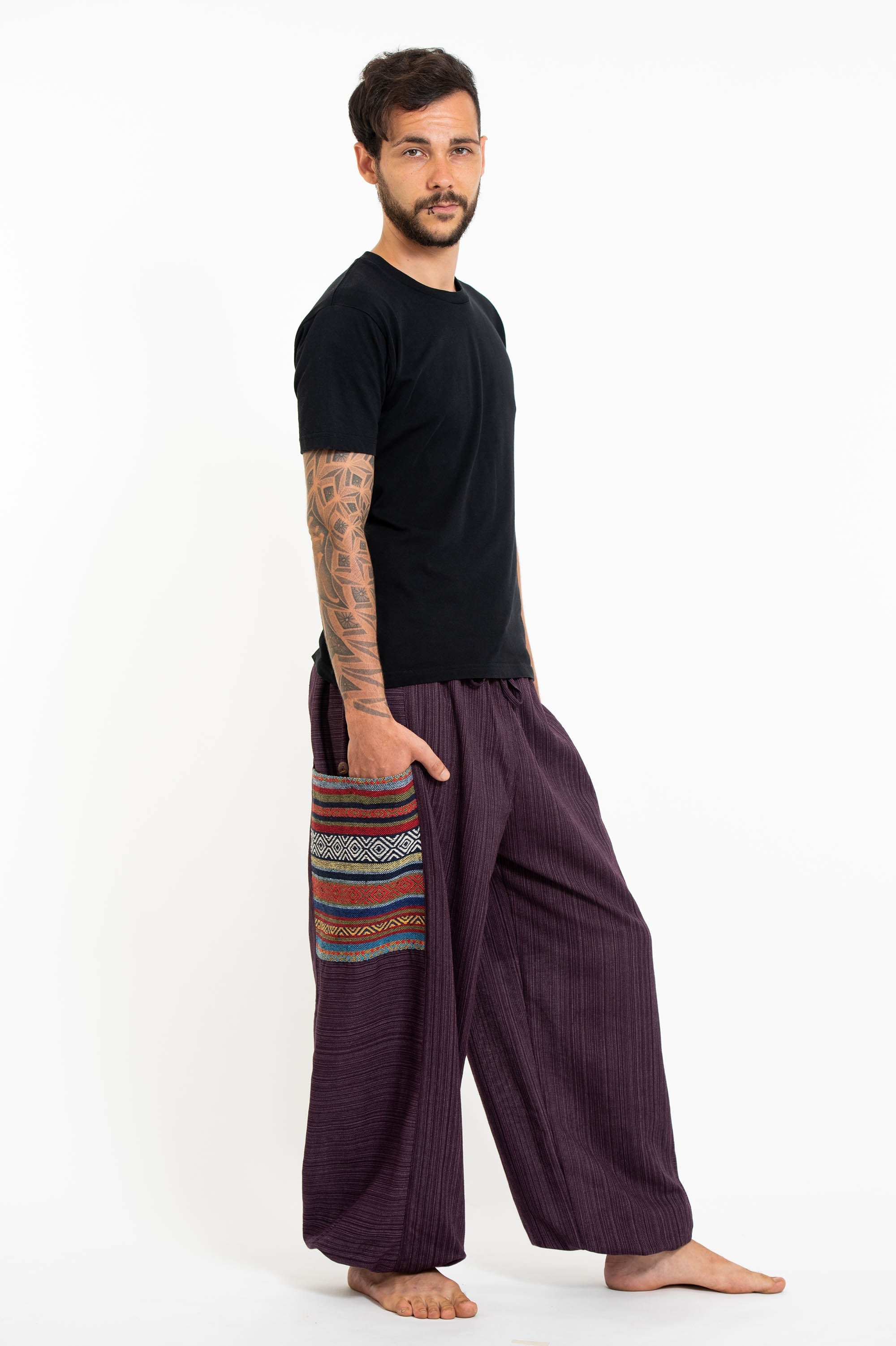 Men's Drawstring Pinstripes Cotton Pants with Aztec Pocket in Purple
