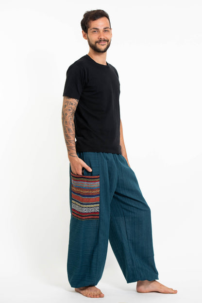 Men's Drawstring Pinstripes Cotton Pants with Aztec Pocket in Turquoise