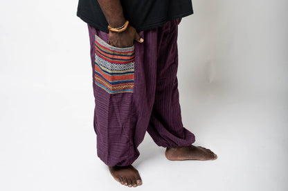 Plus Size Men's Drawstring Pinstripes Cotton Pants with Aztec Pocket in Purple