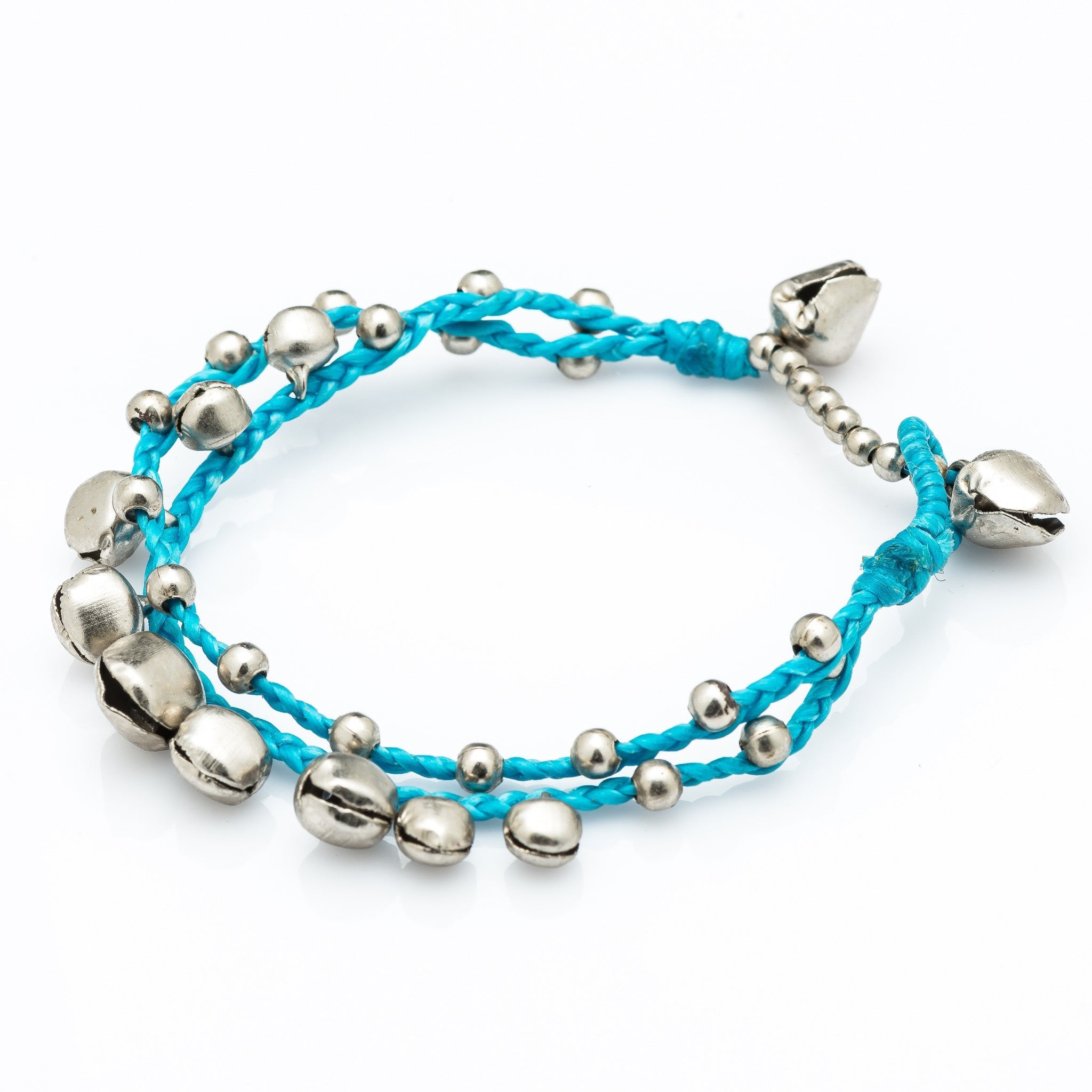 Silver Color Bell Waxed Cotton Bracelets in Turquoise