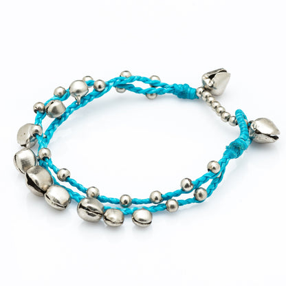 Silver Color Bell Waxed Cotton Bracelets in Turquoise