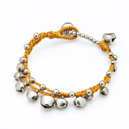 Silver Color Bell Waxed Cotton Bracelets in Gold