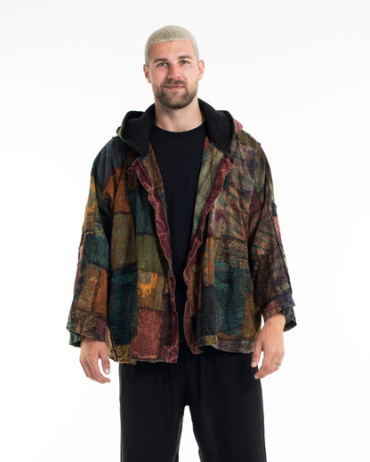 Patchwork Stonewash Hooded Jacket in Multi Brown